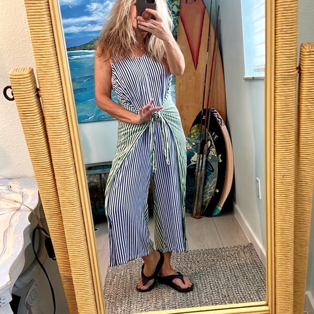 MSK,Adorable Lightweight Jumpsuit, Slimming Blue & Green Lines,Wrap & Tie! CUTE